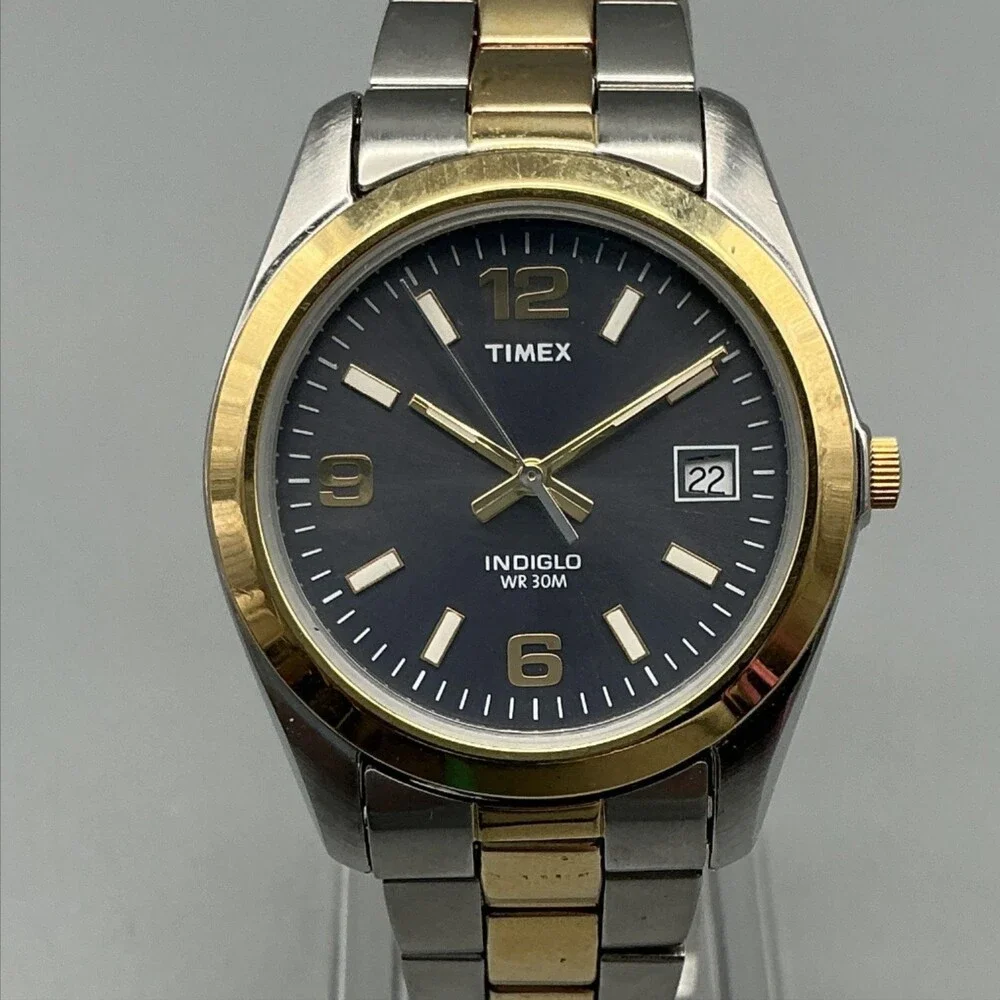 Timex Indiglo WR 30M Mens Watch 35mm Black Dial Two Tone Date New Battery 7.5